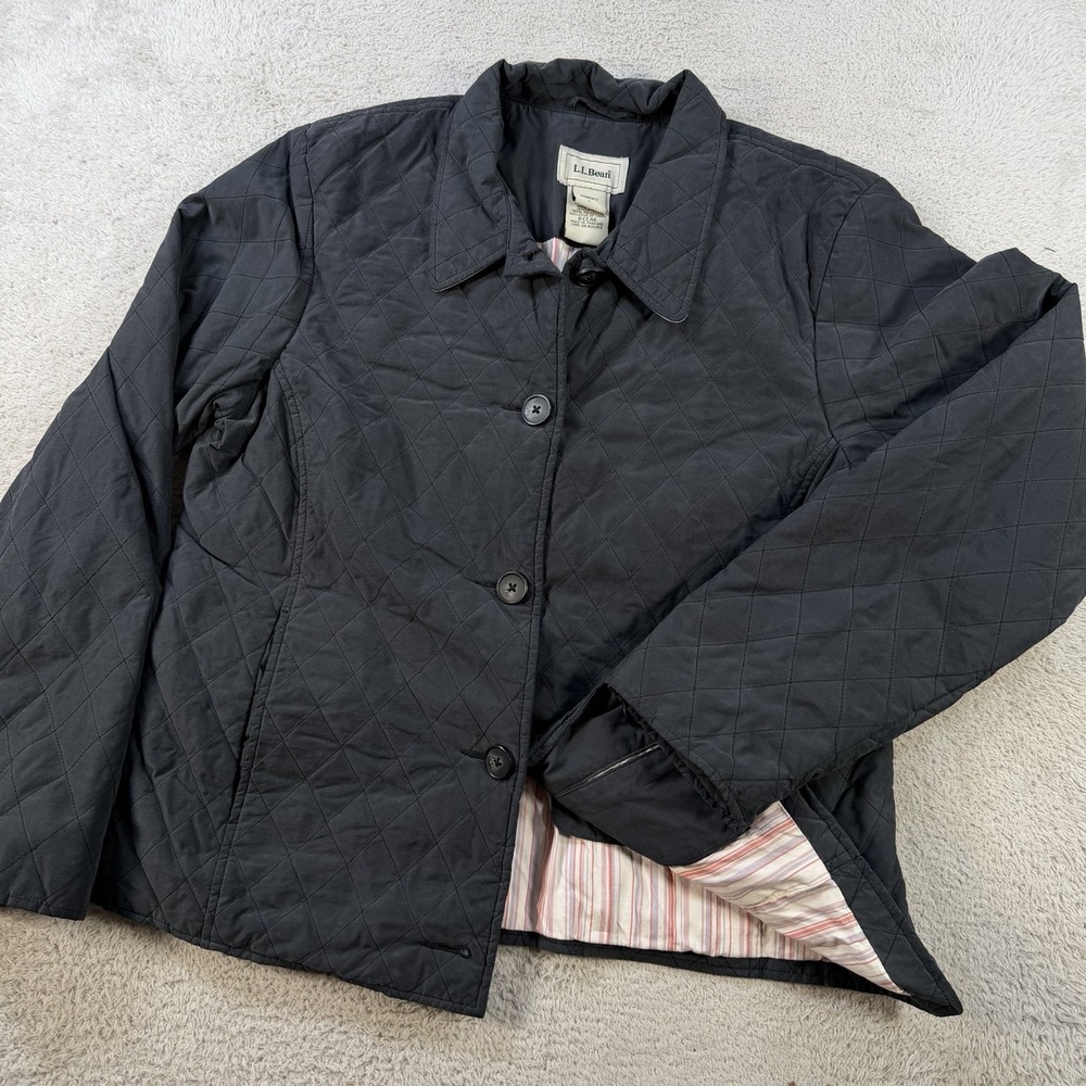 LL Bean Jacket Womens Large Grey Quilted Insulated Button Front Lightweight Coat